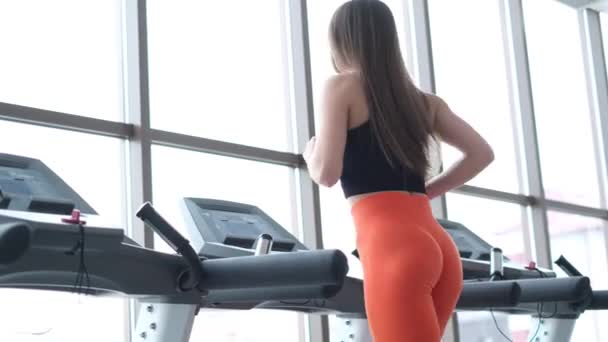 Uma Mulher Correr Numa Passadeira Ginásio Visão Traseira Uma Menina — Vídeo de Stock