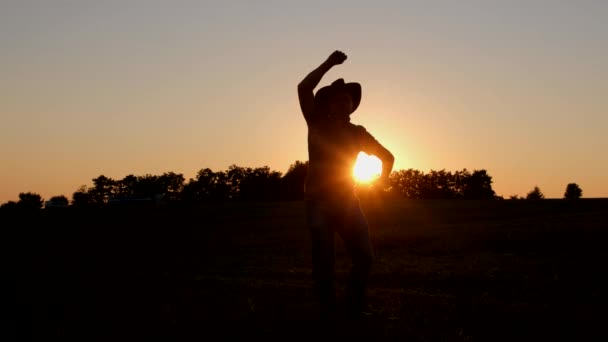 Happy Male Farmer Having Fun Dancing Sunset Silhouette Farmer Having — ストック動画