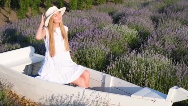 Happy Young Girl Sitting Boat Lavender Field Daylights Girl Enjoying — стоковое видео