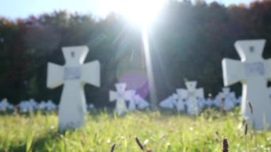 Mass burial of UPA soldiers in Lviv region. Cemetery with many white graves. 4k video
