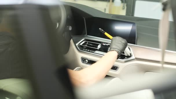 Worker Cleaning Interior Soft Brush Car Care Concept Detailing Interior — ストック動画