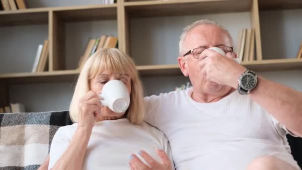 Old Man Wife Drinking Coffee Living Room Time Together White — 图库视频影像