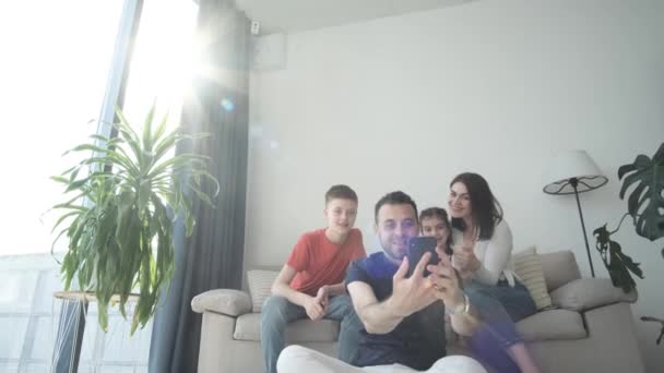 Wonderful Happy Family Spends Weekend Home Family Taking Selfie Living — Video