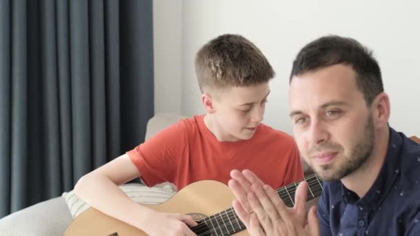 Teenage Boy Plays Guitar Room His Dad Dad Teaches His — Vídeo de stock