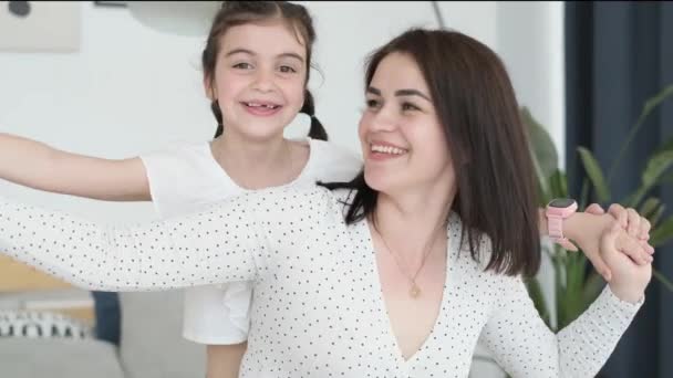 Beautiful Mother Teenage Daughter White Clothes Having Fun Hugging Laughing — Vídeo de Stock