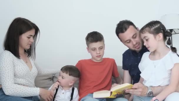 Happy Family Three Children Spend Time Living Room White Background — Stock video