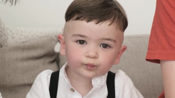Portrait Beautiful Baby Boy Sucking Lollipop Chupa Chups Kids Love — стоковое видео