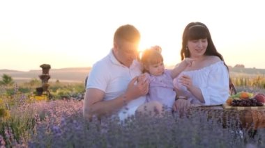 Beautiful young family on picnic on purple flower lavender field. Outdoor weekend at sunset.