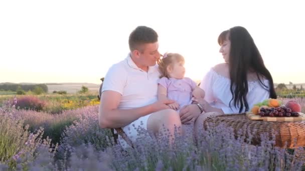 Happy Family Picnic Lavender Field Having Fun Weekend Outdoors Portrait — Wideo stockowe