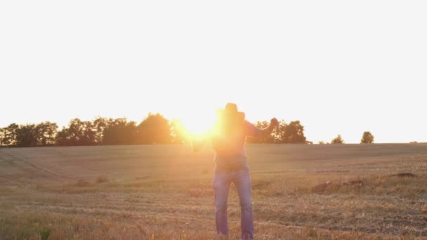 Silhouette Farmer Having Fun Dancing Field Happy Farmer Having Fun — Stockvideo