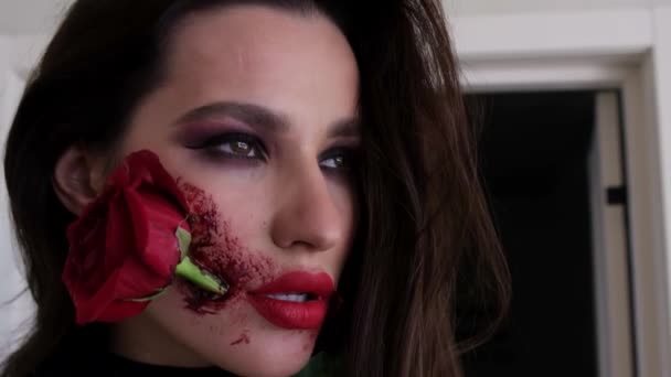 Makeup Halloween Rose Flower Mouth Portrait Girl Holding Red Rose — Video Stock
