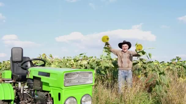 Farmer Dancing Happily Sunflower Plantation Holds Sunflower Crop His Hands — Stock videók