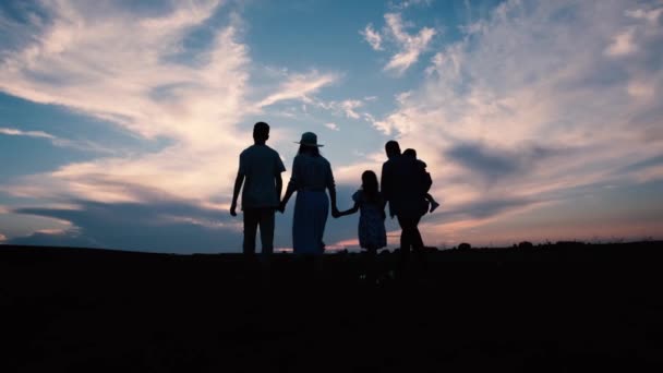 Silhouette Happy Family Holding Hands Walking Sunset Family Walks Childhood — Wideo stockowe