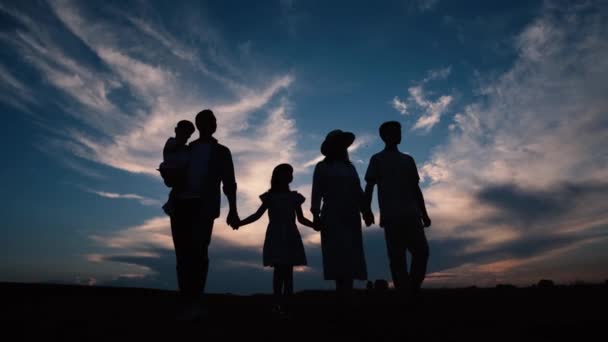 Silhouettes Happy Family Holding Hands Meadow Sunset Sunset Family Walk — Stockvideo