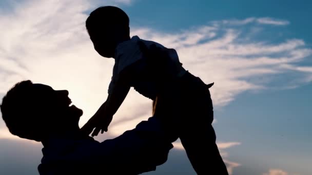 父と息子の日没の時に公園で遊んで フィールド上で楽しんで フレンドリーな家族と夏休みの概念 — ストック動画