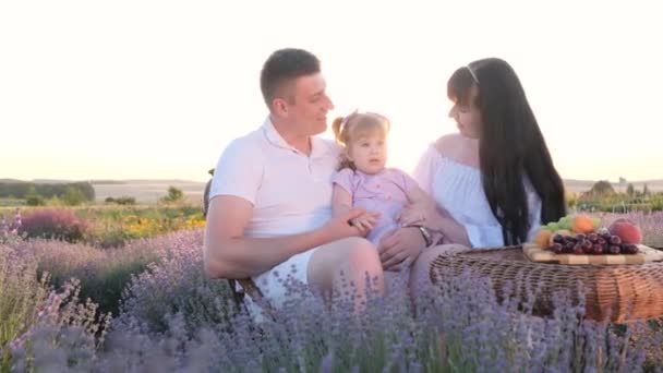 Beautiful Young Family Picnic Lavender Field Concept Happy Family Relations — Wideo stockowe