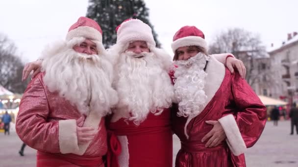 Портрет Щасливих Старших Чоловіків Костюмах Санта Клауса Задньому Плані Ялинки — стокове відео