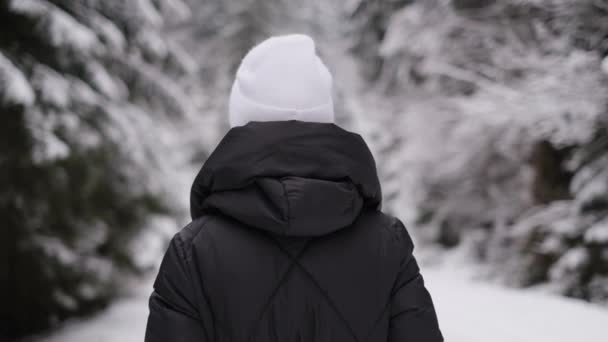 Woman Warmly Dressed Walks Winter Forest Enjoys Winter Beautiful Smiling — Vídeo de stock
