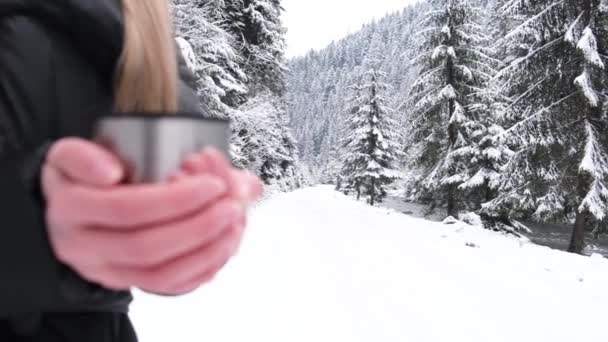 Close Woman Holding Metal Mug Hot Tea Snowy Winter Forest — Vídeo de stock