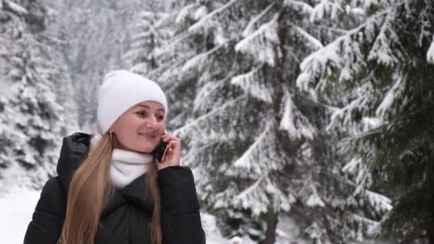 Beautiful Woman Talking Smartphone Winter Day Snow Forest Holidays Winter — Stockvideo
