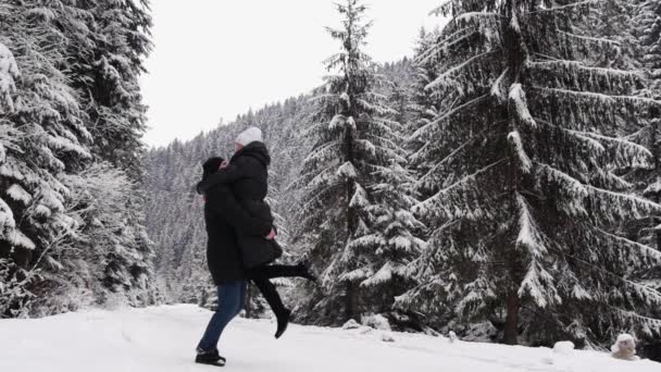 Ζευγάρι Ερωτευμένο Ανάμεσα Στο Χειμερινό Δάσος Χειμερινό Πάρκο Νεαρό Ζευγάρι — Αρχείο Βίντεο