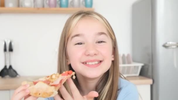Very Happy Teenage Girl Eating Slice Pizza Kitchen Fast Foot — Stock video