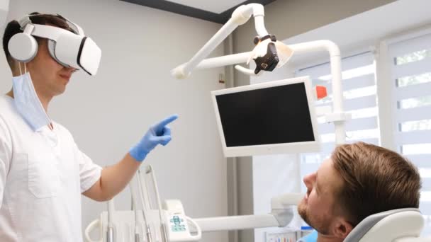 Young Patient Dental Chair Treatment Virtual Reality Glasses Concept Future — 图库视频影像