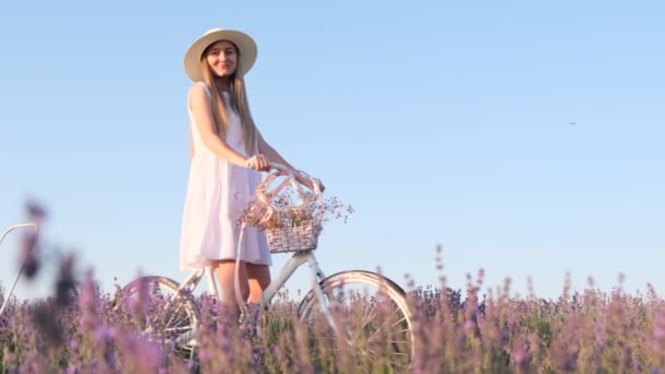 Beautiful Blonde Girl White Hat Bicycle Takes Photo Lavender Field — Stock Video