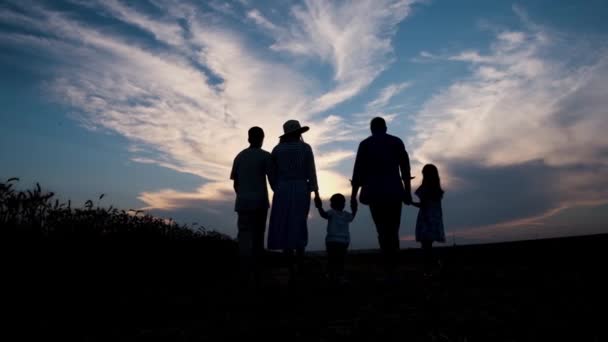 Family Three Children Walking Field Background Sunset Family Silhouette Background — Stockvideo