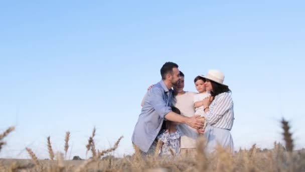 Cheerful Parents Three Children Smiling Standing Wheat Field Blue Sky — стокове відео