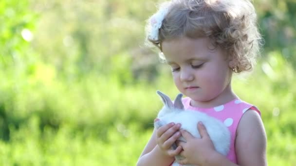 Een Kind Speelt Met Witte Konijnen Het Groene Gras Tuin — Stockvideo