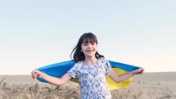 Niña Linda Niño Patriótico Ucraniano Corre Con Bandera Nacional Campo — Vídeo de stock