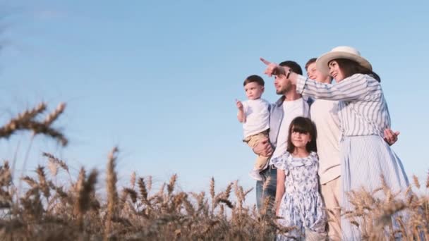 Happy Family Five Resting Field Mom Dad Three Children Hug — Stock Video