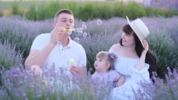 一个慈爱的父亲为他的女儿吹肥皂泡 一个幸福的家庭在薰衣草地里休息 那孩子高兴又笑 — 图库视频影像