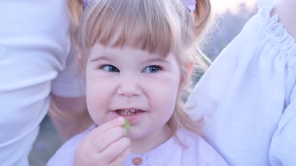 Sevimli Bir Bebek Ailesinin Kollarında Otururken Lezzetli Beyaz Üzüm Meyveleri — Stok video