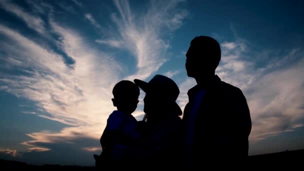 Тато Мама Діти Ходять Заході Сонця Парку Силует Батьків Дітьми — стокове відео