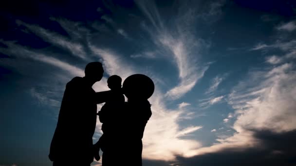 Sylwetka Dużej Rodziny Zachodzie Słońca Rodzice Dziećmi Trzymającymi Się Ręce — Wideo stockowe