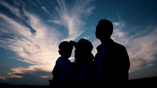 Sylwetka Rodziny Tle Błękitnego Nieba Rodzice Dziećmi Przytulający Się Siebie — Wideo stockowe