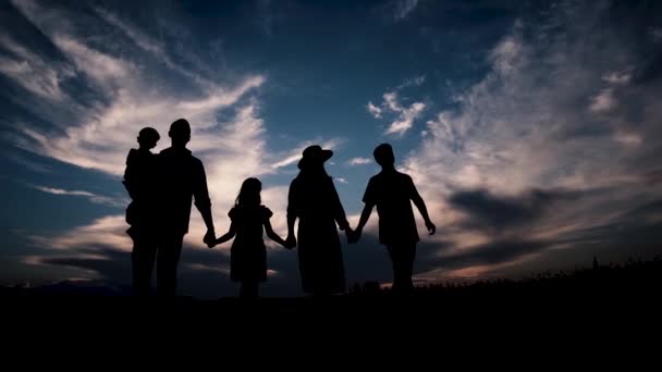 Dospělí Rodiče Tři Dospívající Děti Kráčejí Poli Při Západu Slunce — Stock video