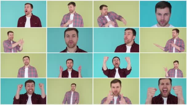 Collage Porträt Eines Jungen Mannes Mit Unterschiedlichen Handgesten Glücklicher Mann — Stockvideo