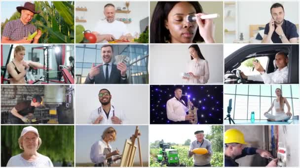 Video Collage Persone Diverse Professioni Mondiali Nella Cornice Video Mosaico — Video Stock