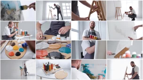 Video Kollaasi Taiteilija Tekee Moderni Abstrakti Öljymaalaus Nykyaikaiset Taidemaalit Kankaalle — kuvapankkivideo
