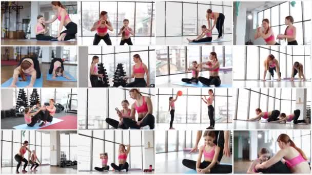 Collage Yogi Mother Child Practicing Exercises Gym Doing Stretching Balancing — Stock Video