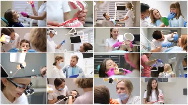 Europejska Nowoczesna Klinika Stomatologiczna Opieka Zdrowotna Stomatologia Praca Dentysty Kolaż — Wideo stockowe