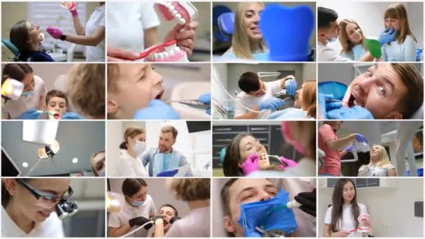 Video Collage Dentista Trabaja Con Paciente Salud Dental Centro Médico — Vídeos de Stock