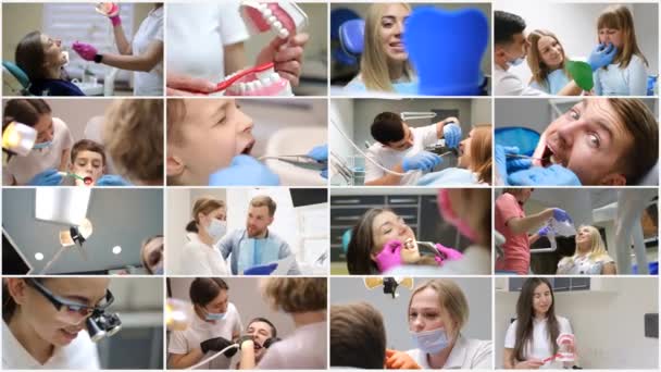 Video Collage Een Tandarts Bespreekt Een Tandheelkundige Restauratie Behandeling Plan — Stockvideo