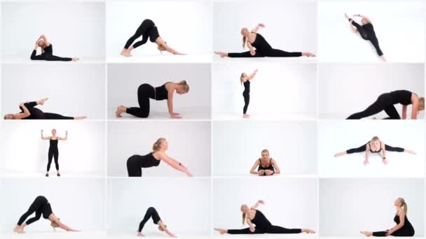 Wideo Kolaż Kobiety Robi Ćwiczenia Squatting Rozciąganie Fitness Izolowane Białym — Wideo stockowe