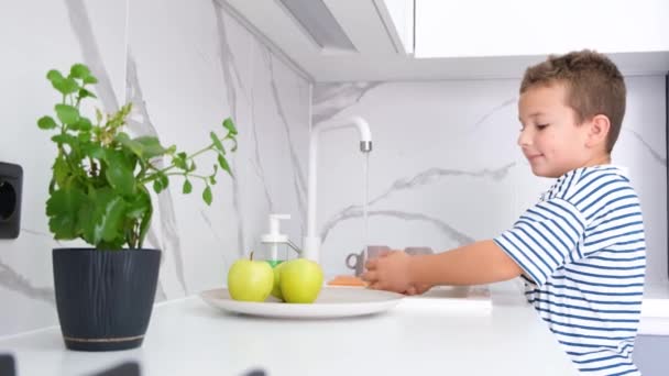 小さな男の子が水道水の下で果物を洗う 台所のシンクで実行中の水の下でおいしいリンゴを保持子供の手 — ストック動画