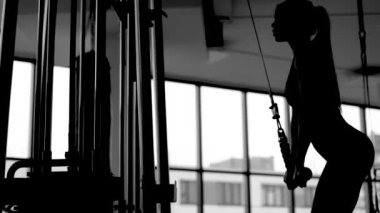 Spor salonundaki ince kıvırcık bir kızın silueti. Sırt kasları üzerinde egzersiz yapan bayan sporcu. Aktif ve sağlıklı yaşam tarzı kavramı. 