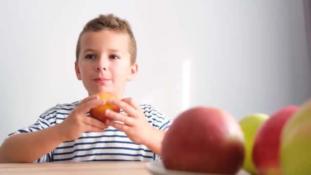 赤いリンゴを食べ カメラを見ている少年の肖像画 健康な子供は新鮮な果物を食べる — ストック動画